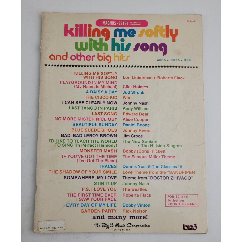 Killing Me Softly With His Sing And Other Big Hits Vocal Piano Songbook #SM3
